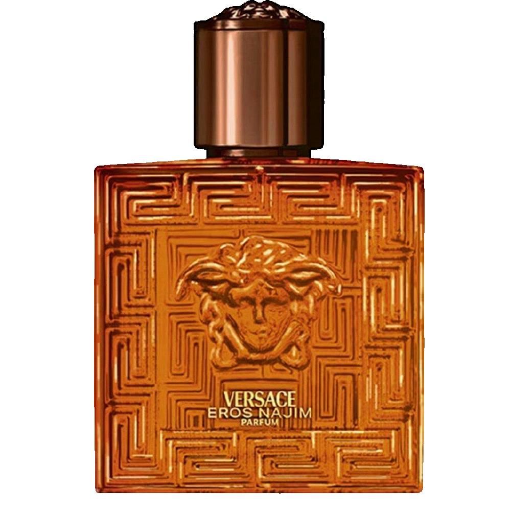 Flacon Versace Eros Najim Parfum avec tête de Méduse et motif géométrique.