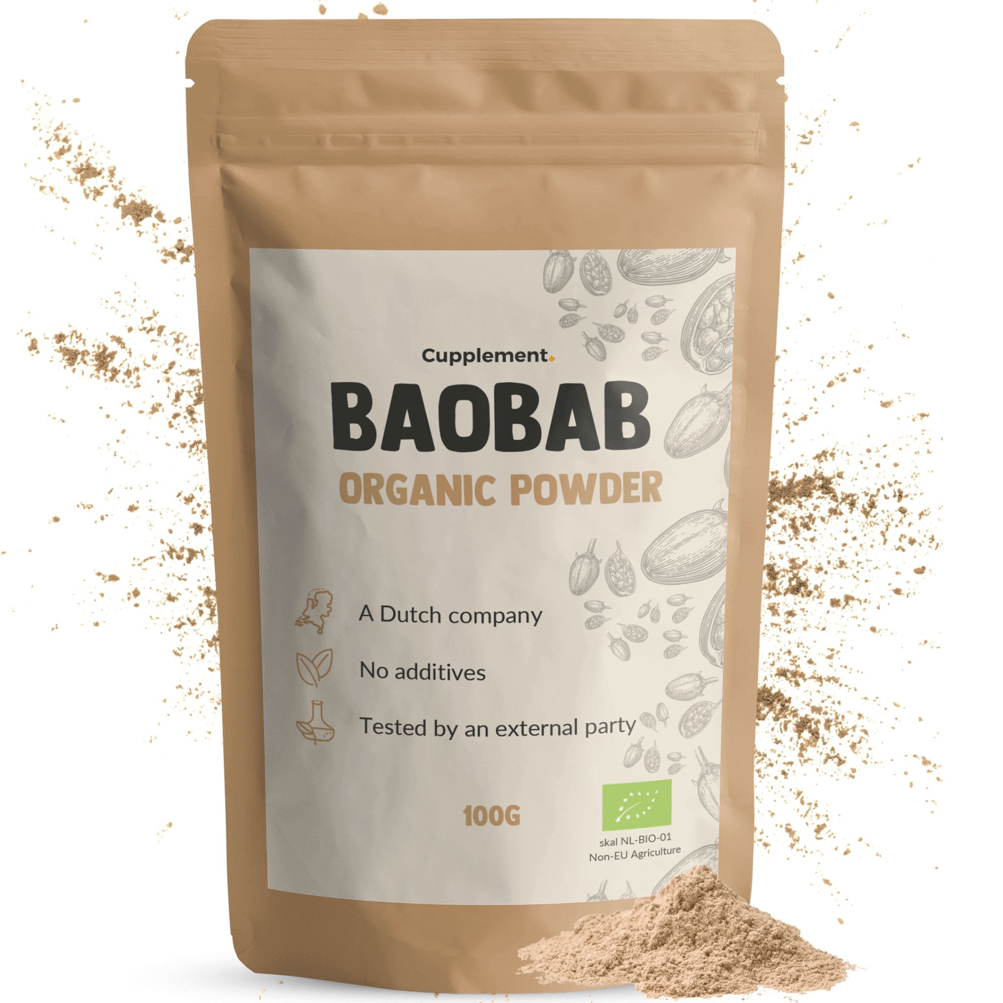 Zakje Baobab poeder. Opschrift: Cupplement, Baobab Organic Powder, 100g. Bio keurmerk.