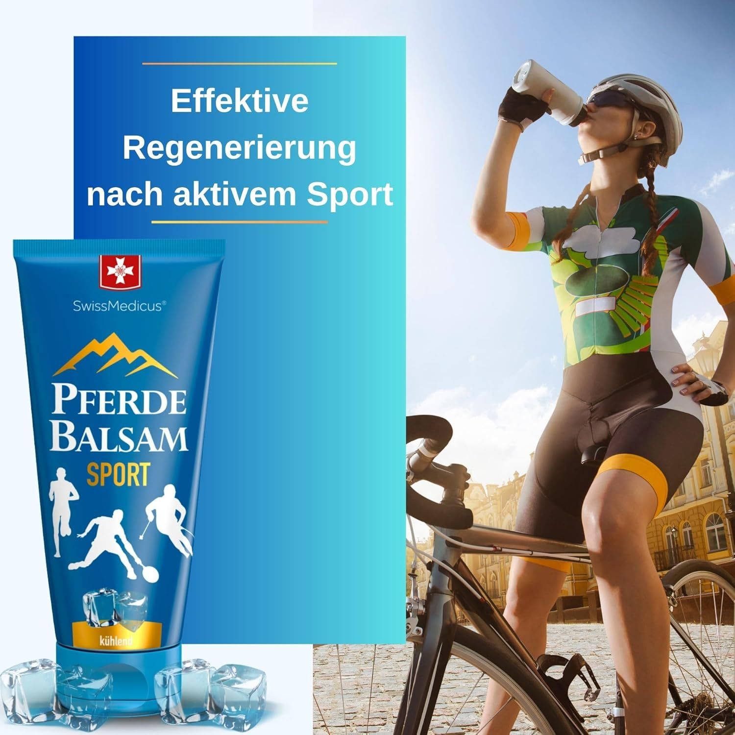 Blauwe tube "Pferde Balsam Sport". SwissMedicus-logo. Fietser drinkt. IJsblokjes. Tekst: Effectieve regeneratie.