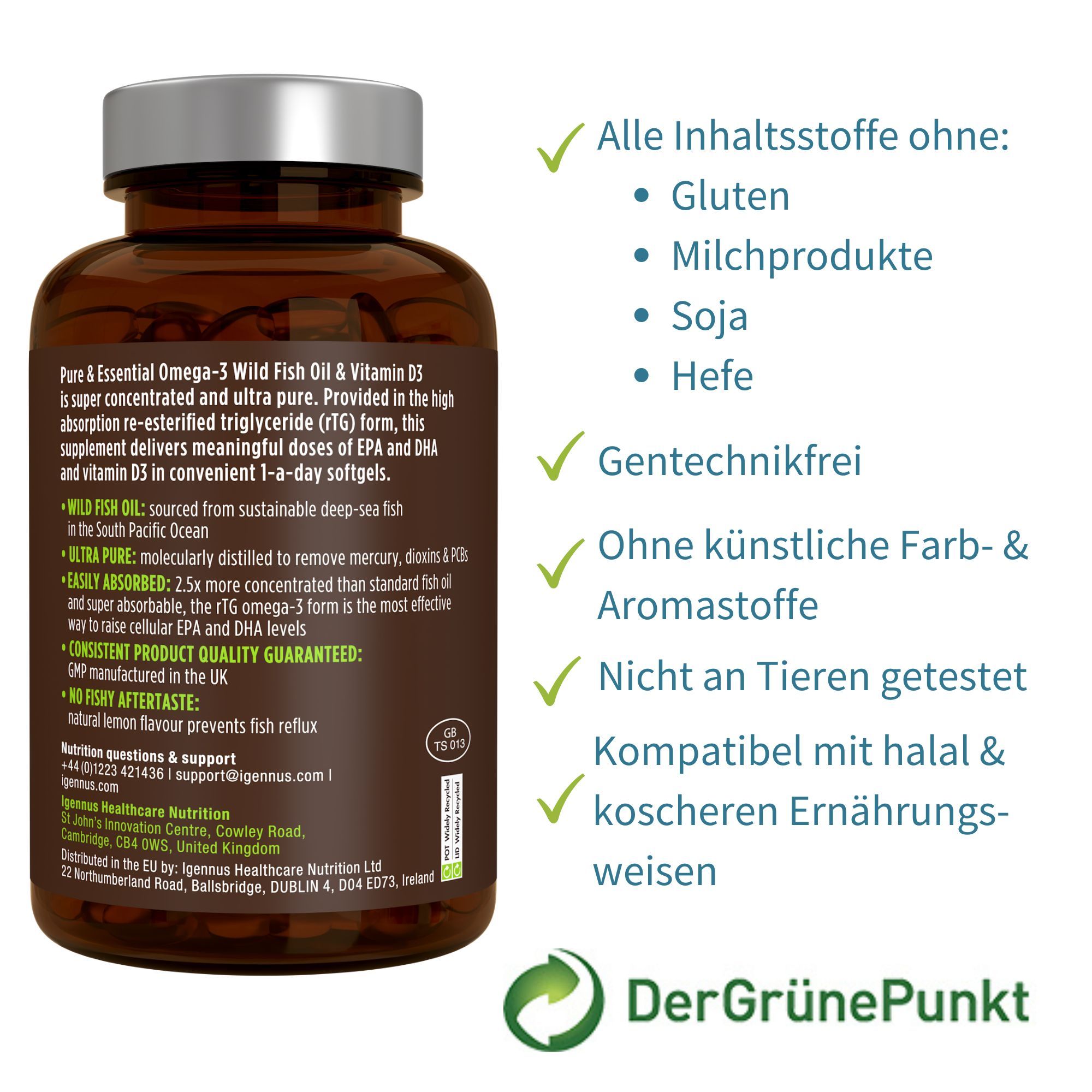 Flacon de gélules Oméga-3. Sans gluten, lait, soja, levure. Sans OGM. Végétalien.