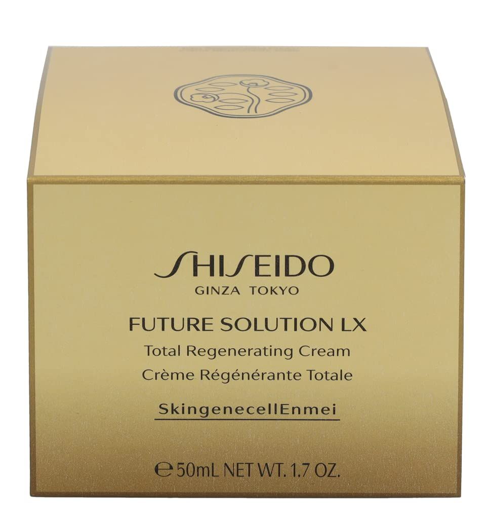 Gouden doos. Opschrift: SHISEIDO, FUTURE SOLUTION LX, Total Regenerating Cream, Crème Régénérante Totale.