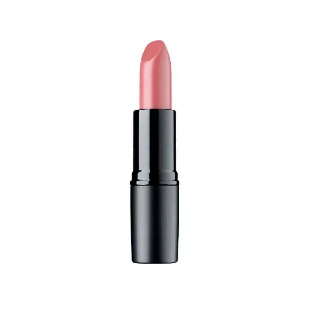 Rouge à lèvres rose dans un étui noir. Fond blanc.