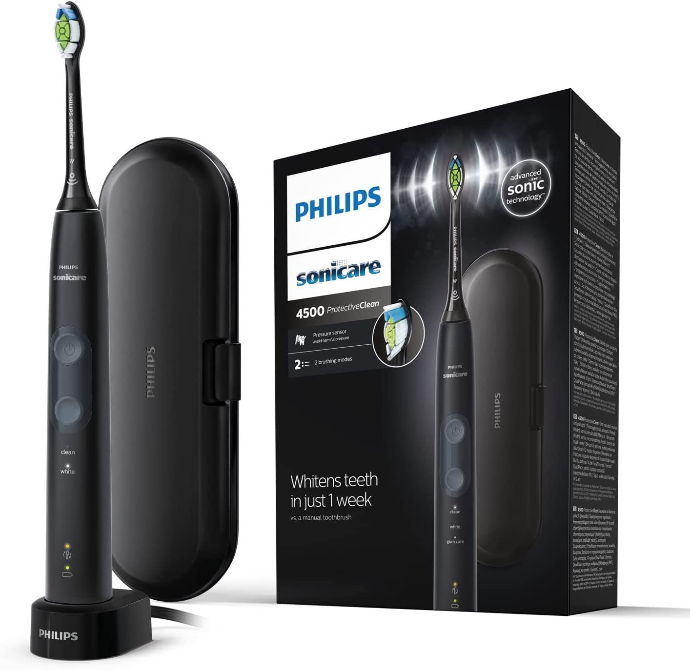 Zwarte elektrische tandenborstel met oplaadstation, etui en verpakking. Philips Sonicare ProtectiveClean 4500.
