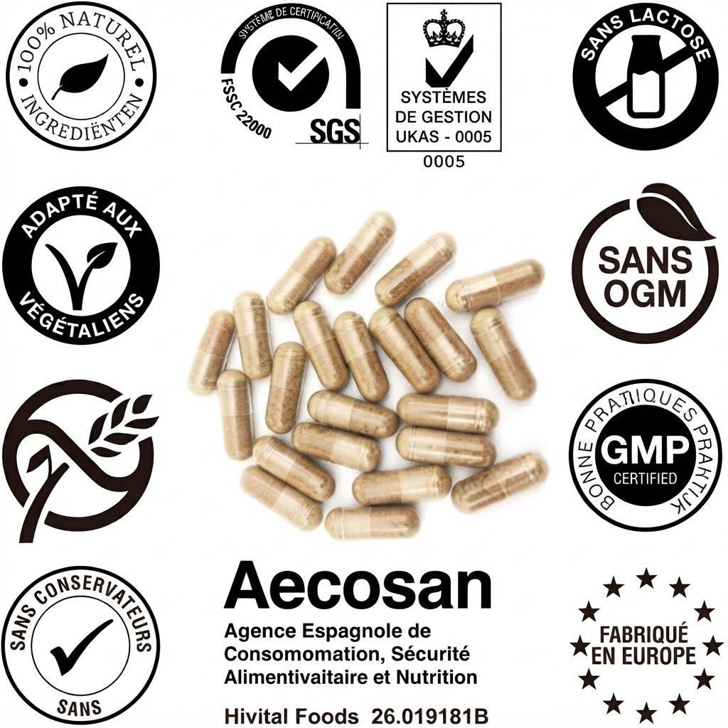 Un groupe de gélules entouré de divers logos de certification tels que 100% ingrédients naturels, adapté aux végétariens, sans lactose, sans OGM, certifié GMP et fabriqué en Europe.