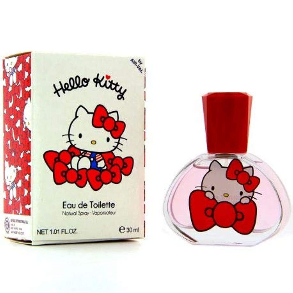 Flacon d'Eau de Toilette Hello Kitty, bouchon rouge. Boîte avec motif Hello Kitty et texte.