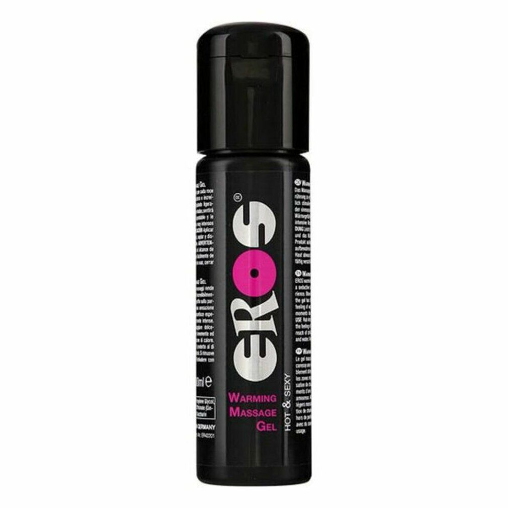 Eros Warming Massage Gel in zwarte fles met zilveren logo en roze cirkel.