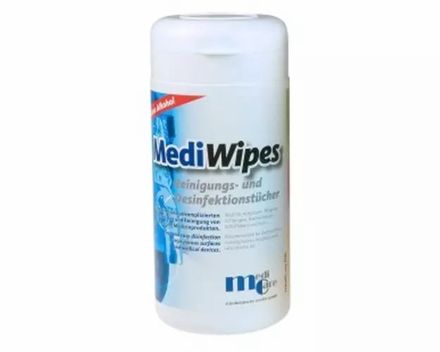 Lingettes de nettoyage et désinfection MediWipes dans un distributeur blanc, 115 pièces.