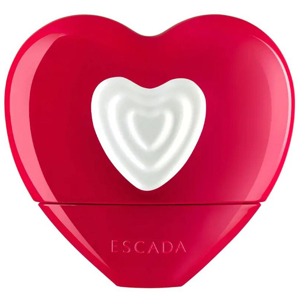 Flacon rouge en forme de cœur avec cœur blanc.