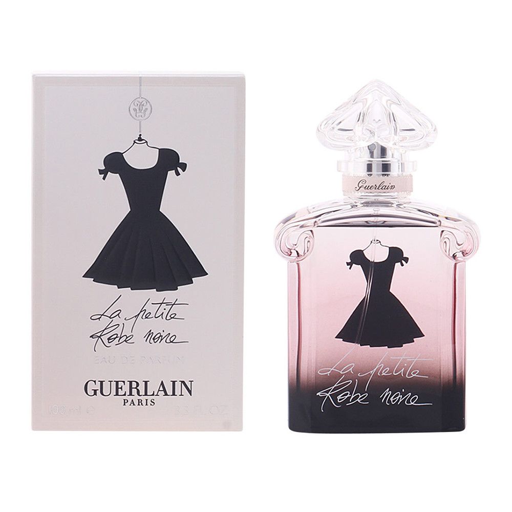 Flacon et emballage. Robe noire sur fond rose-noir. Inscription La petite Robe noire. Guerlain Paris.