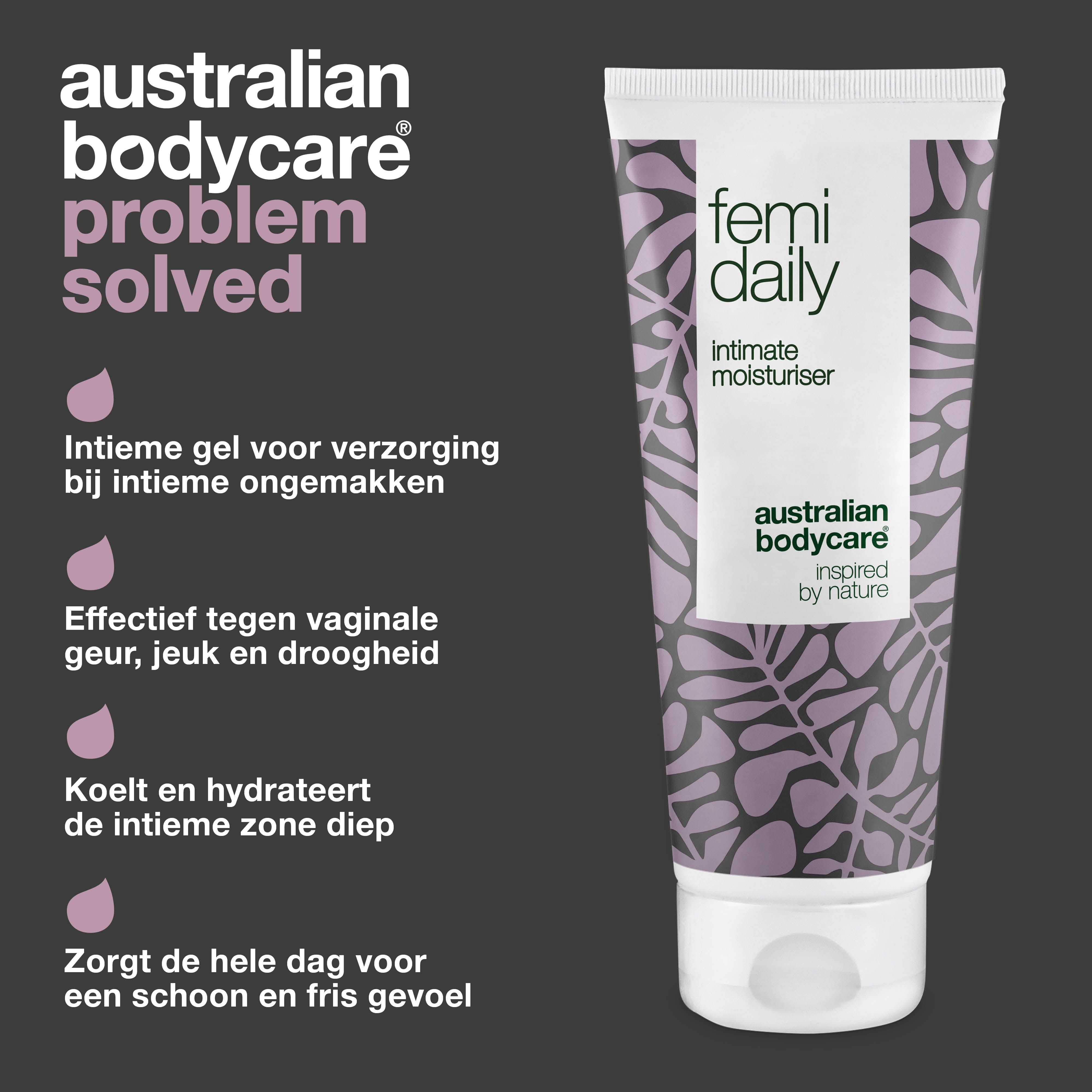 Femi Daily intieme moisturizer. Probleem opgelost. Tekst: Intieme gel, geuren.