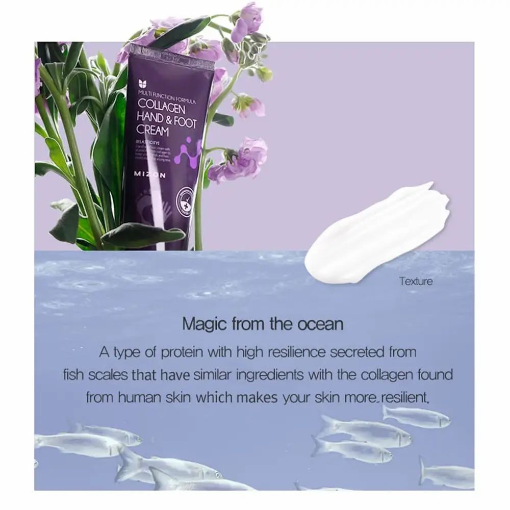 MIZON Collagen Hand & Foot Cream tube met bloemen en crème. Tekst: Magie uit de oceaan. Visillustratie.