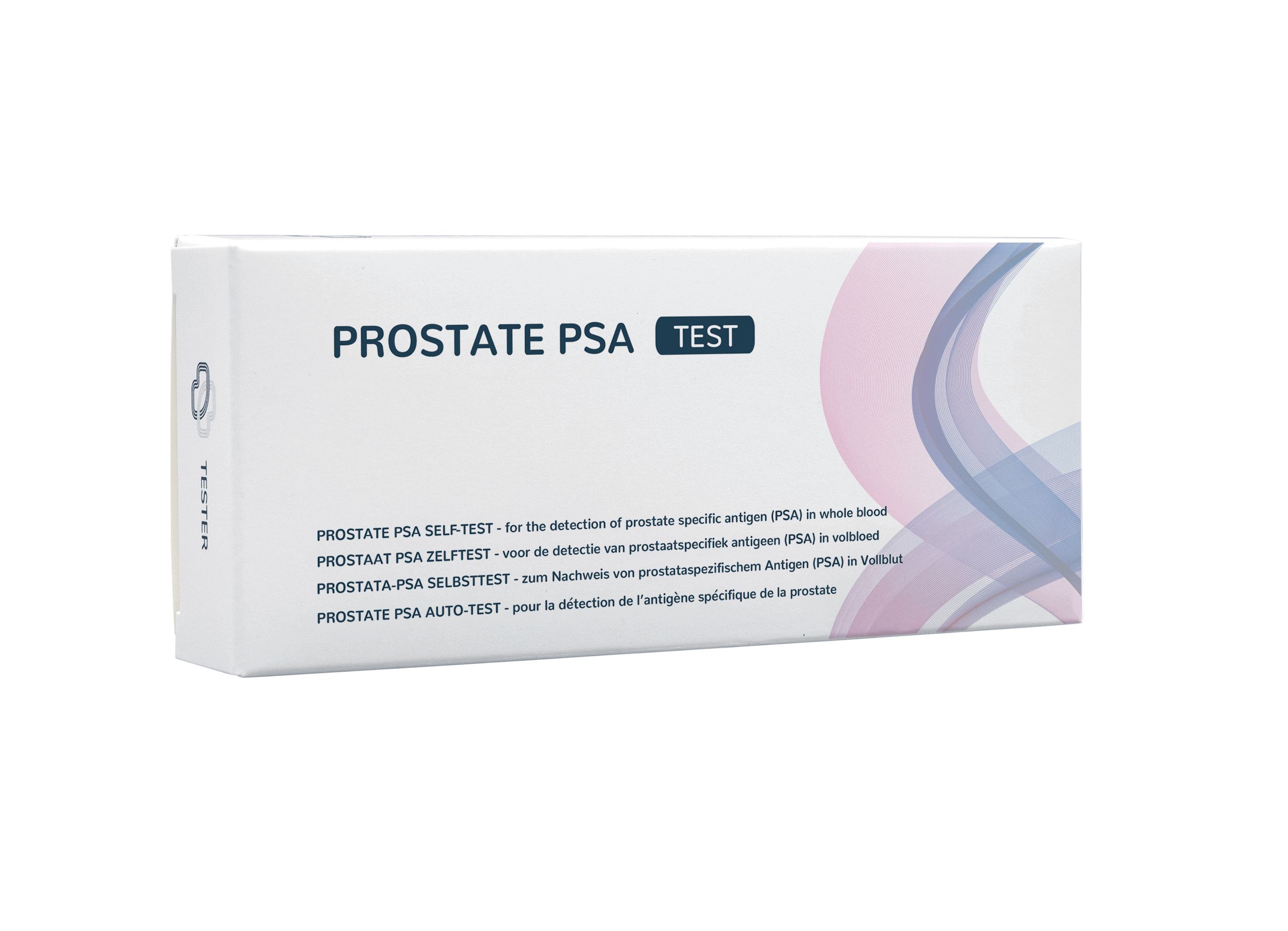 Emballage du test PSA prostatique avec informations produit et textes multilingues.