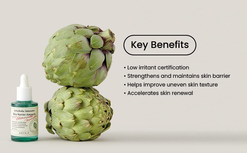Artisjokken en tekst met Key Benefits. Lage irritatie certificering, versterkt de huidbarrière.