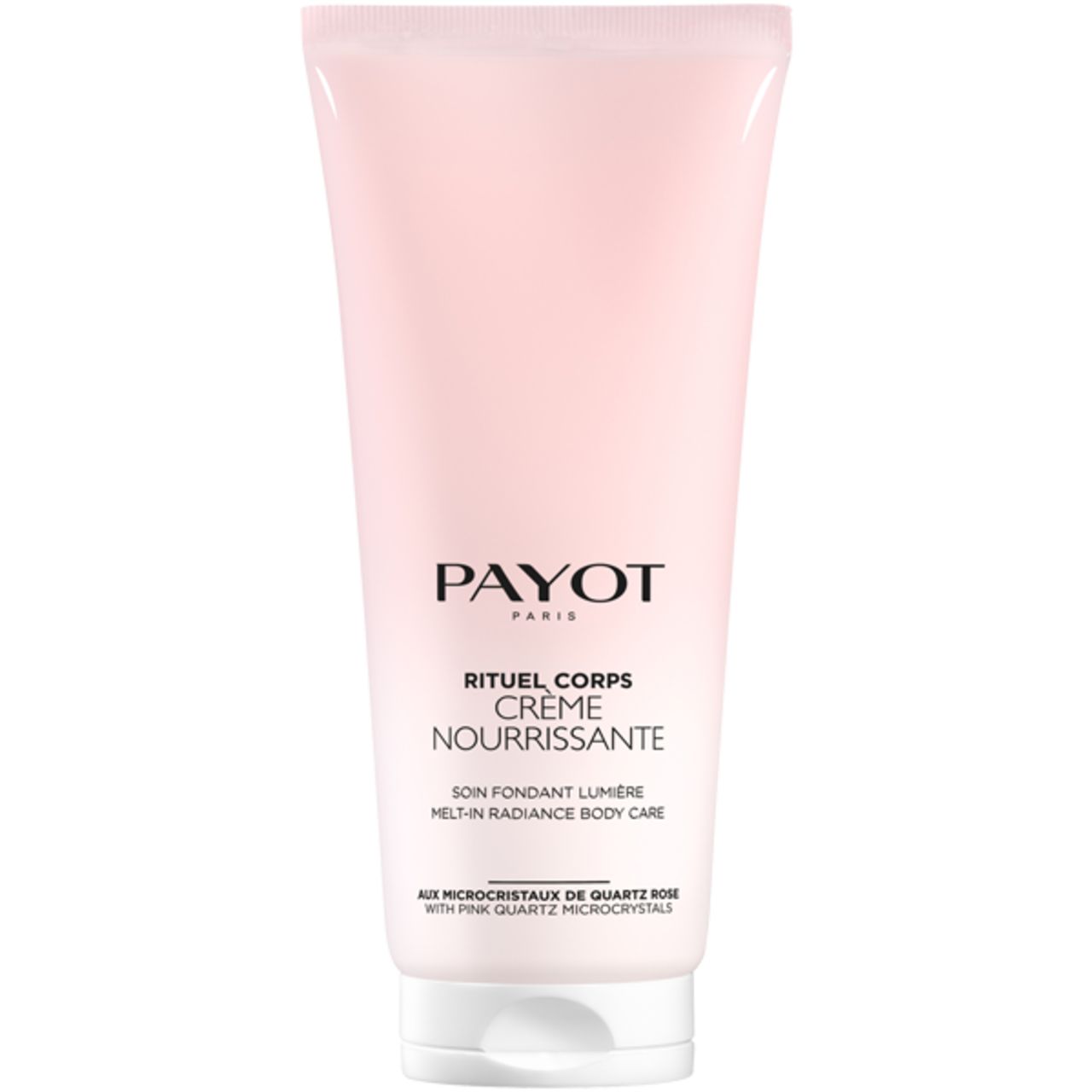 Roze tube met witte dop. Opschrift: PAYOT PARIS, RITUEL CORPS, CRÈME NOURRISSANTE. Tekst: SOIN FONDANT LUMIÈRE, MELT-IN RADIANCE BODY CARE.