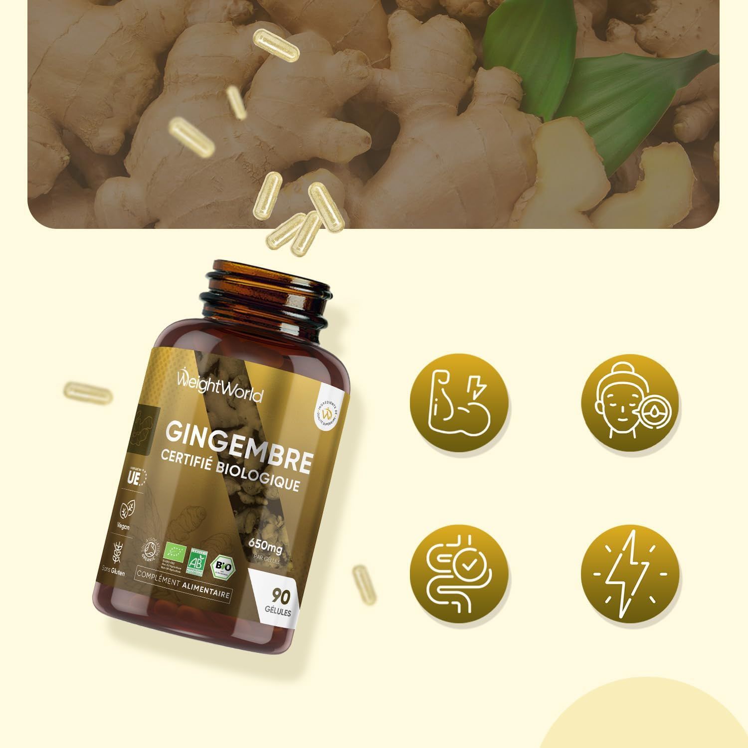 Gélules de gingembre bio WeightWorld : 650mg de gingembre par gélule, 90 gélules, 3 mois d'approvisionnement.