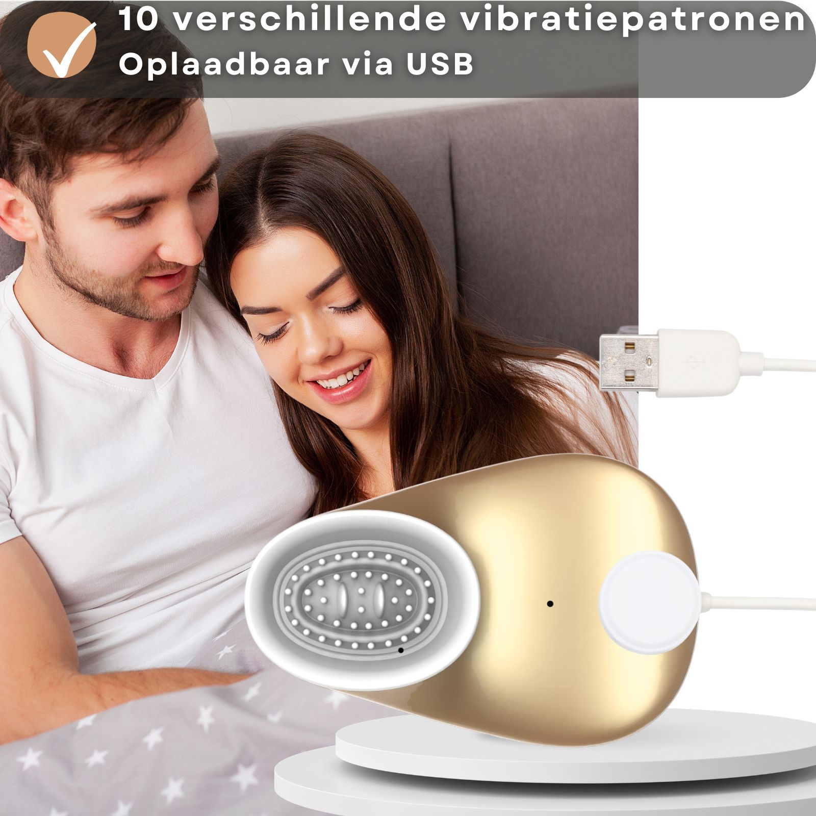 Gouden vibrator met witte zuigkop, totale lengte 18 cm, sterke zuigkracht.