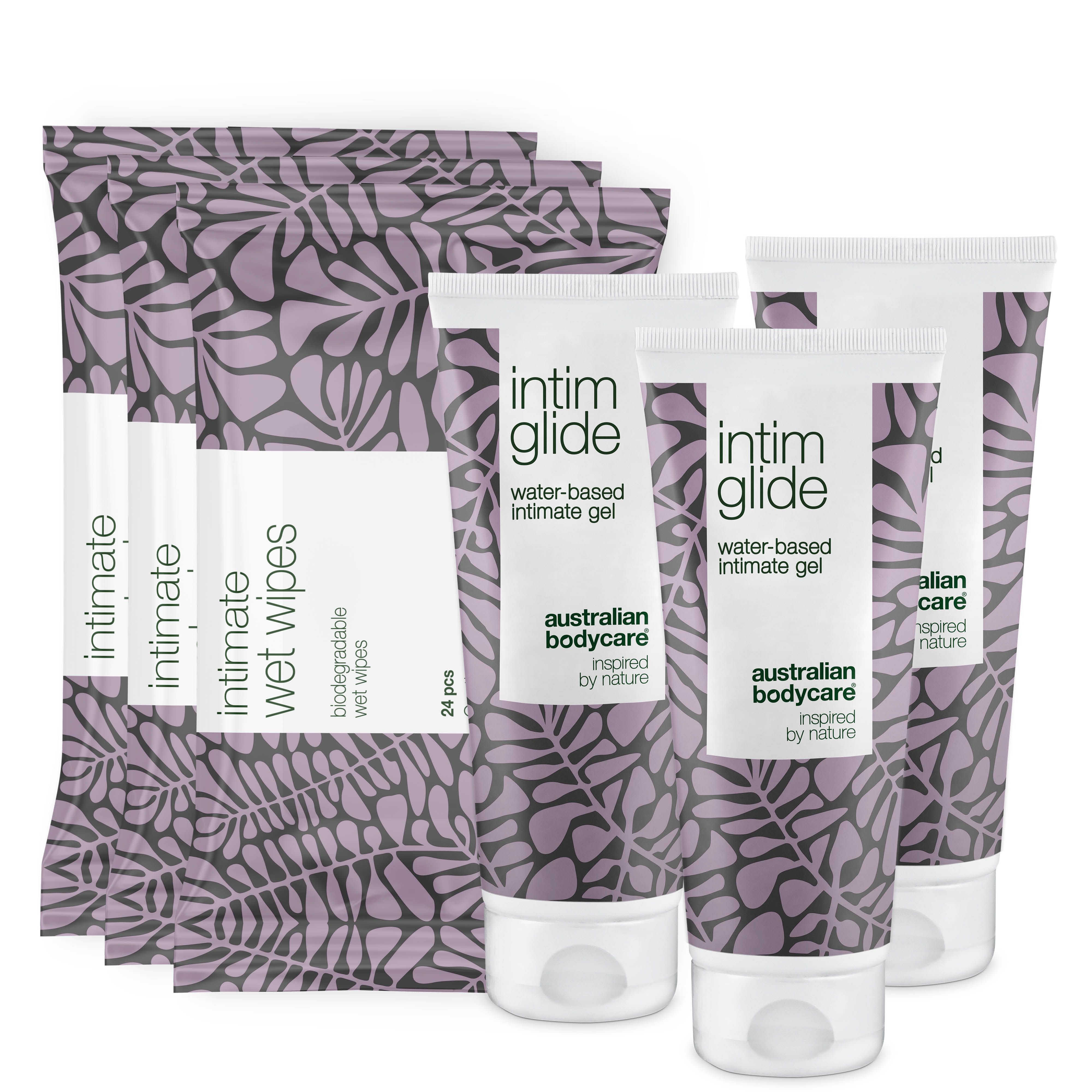 Meerdere tubes intieme gel en pakjes vochtige doekjes. Opschrift: Intim Glide, australian bodycare.