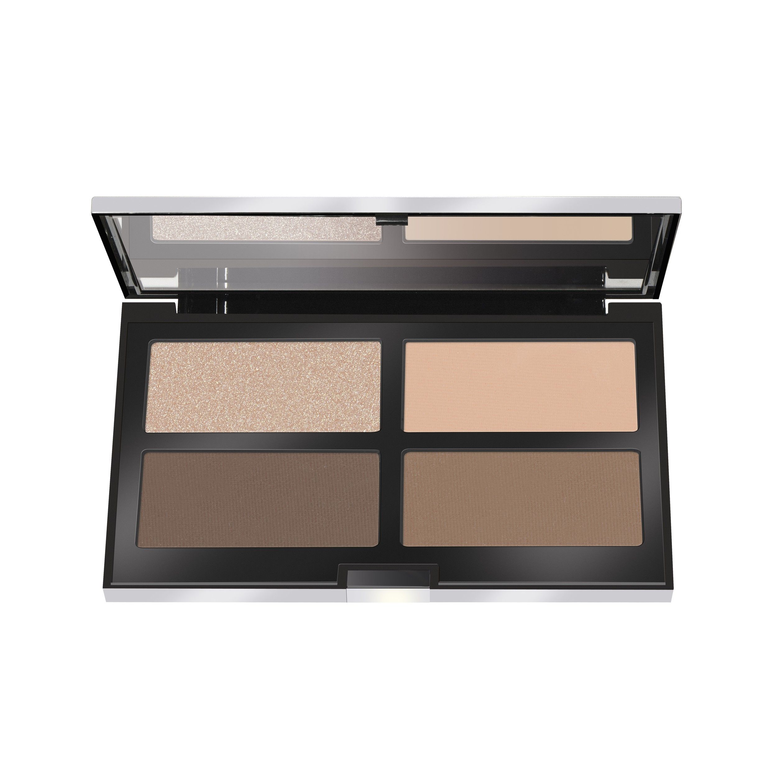 Palette compacte avec quatre poudres : beige scintillant, beige, brun foncé et brun moyen.