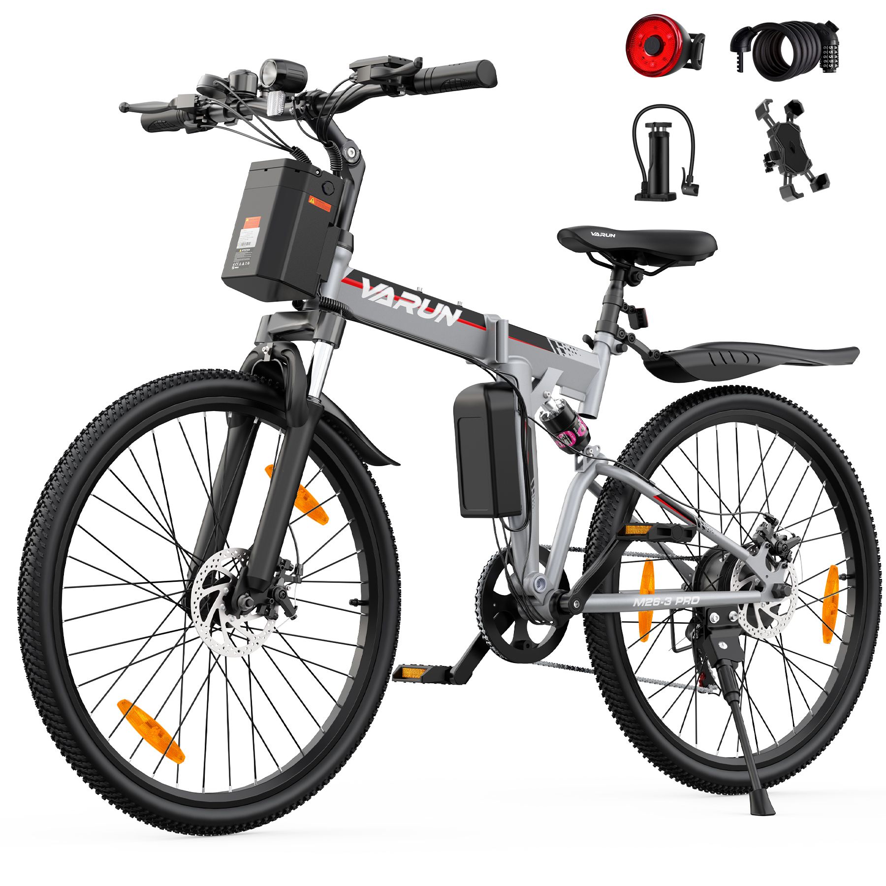 Opvouwbare e-bike, zilverkleurig, met zwart frame en banden. Accessoires: achterlicht, pomp, telefoonhouder.