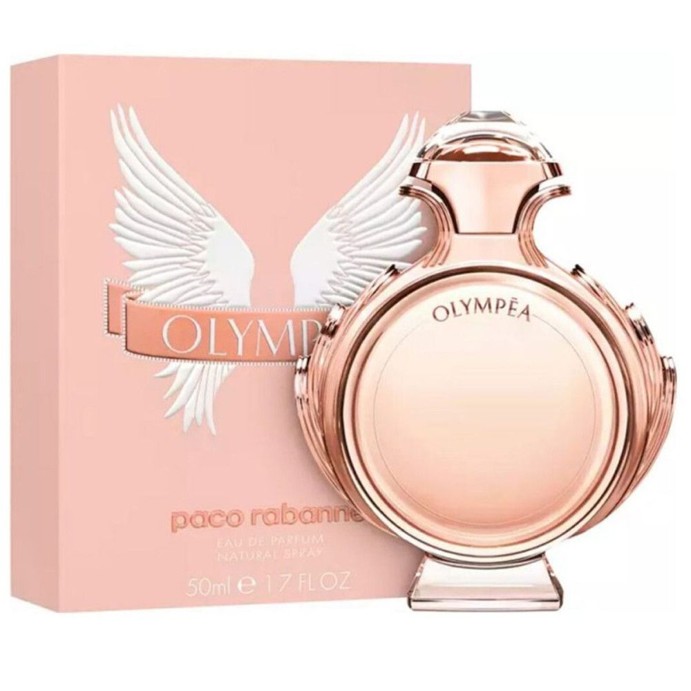 Parfumfles en verpakking. Ronde fles, roze-goudkleurig. Roze verpakking met vleugelmotief en opschrift Olympea.
