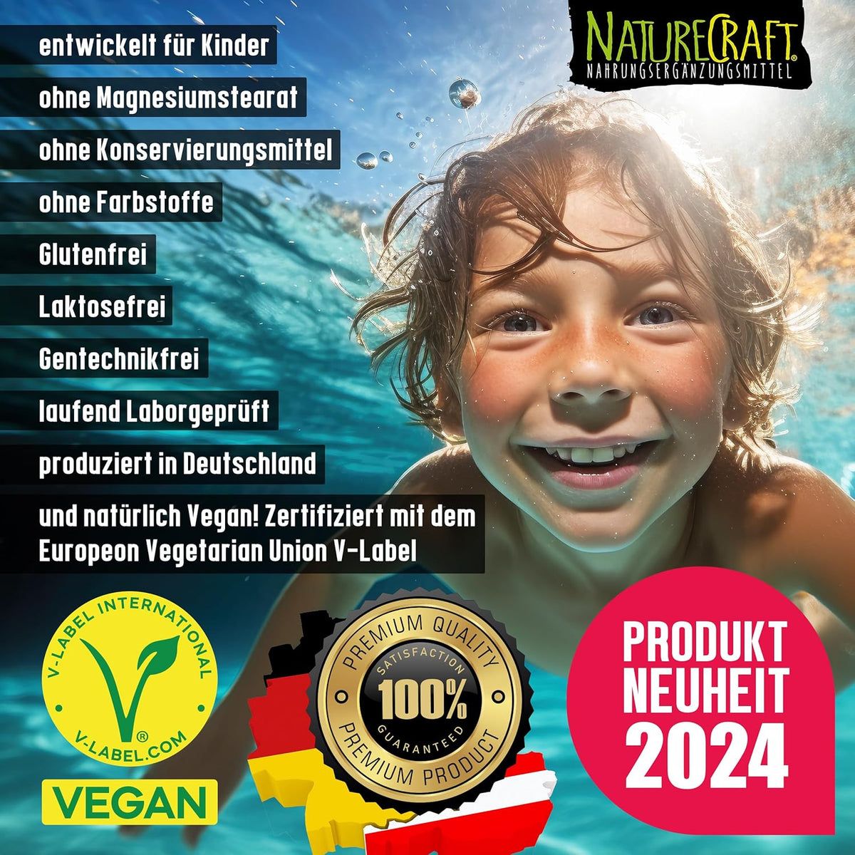 Enfant nageant dans l'eau. Texte : Sans stéarate de magnésium, conservateurs, colorants, gluten, lactose, OGM. Label végan.