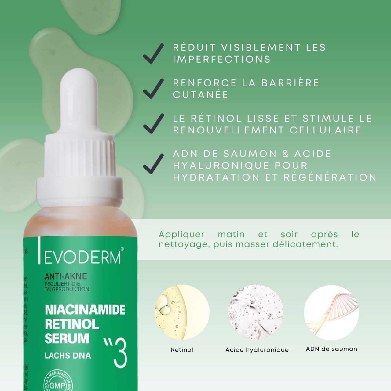 Trois produits : gel, tonique et sérum. Femme en arrière-plan. Texte : Soin anti-acné. Testé dermatologiquement.