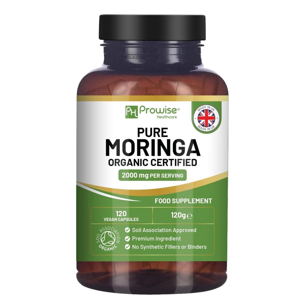 Bruine fles Prowise Moringa capsules. Opschrift: Pure Moringa Organic Certified, 2000 mg per portie, 120 veganistische capsules, 120g.