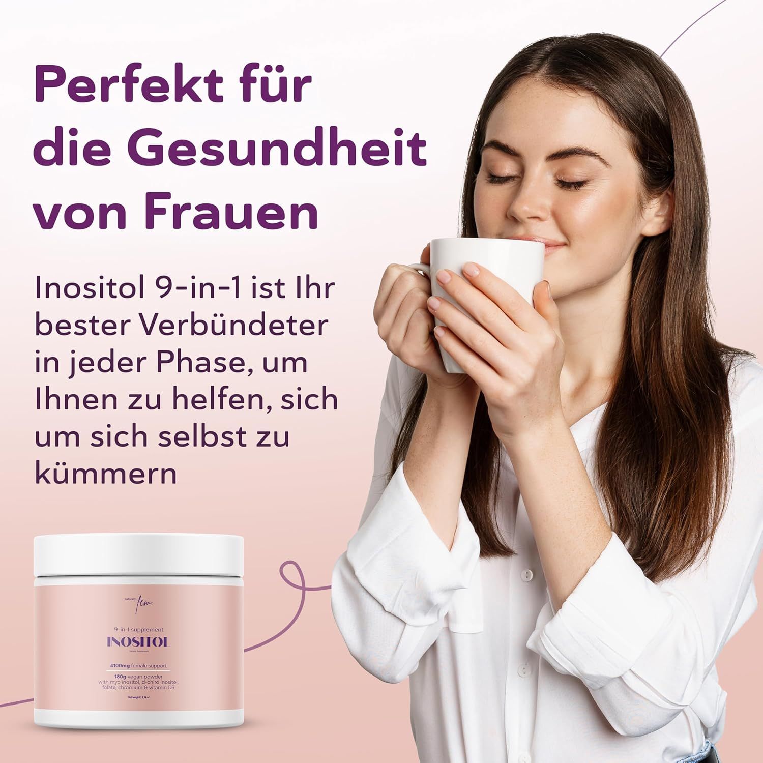 Poudre QSTA D-Chiro & Myo Inositol : femme buvant une tasse, soutient la santé féminine.