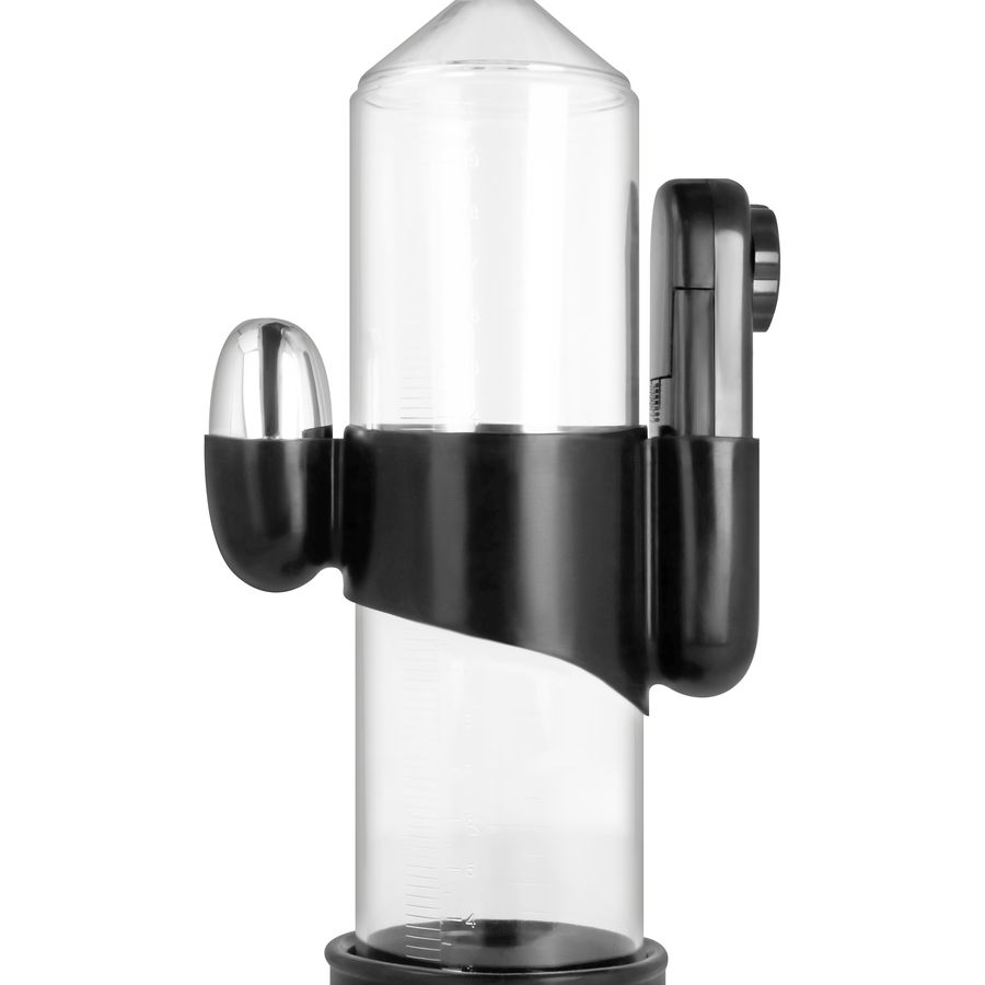 Transparante penis pomp met zwarte accessoires. Zichtbaar: cilinder, vibratiemodule, bediening.