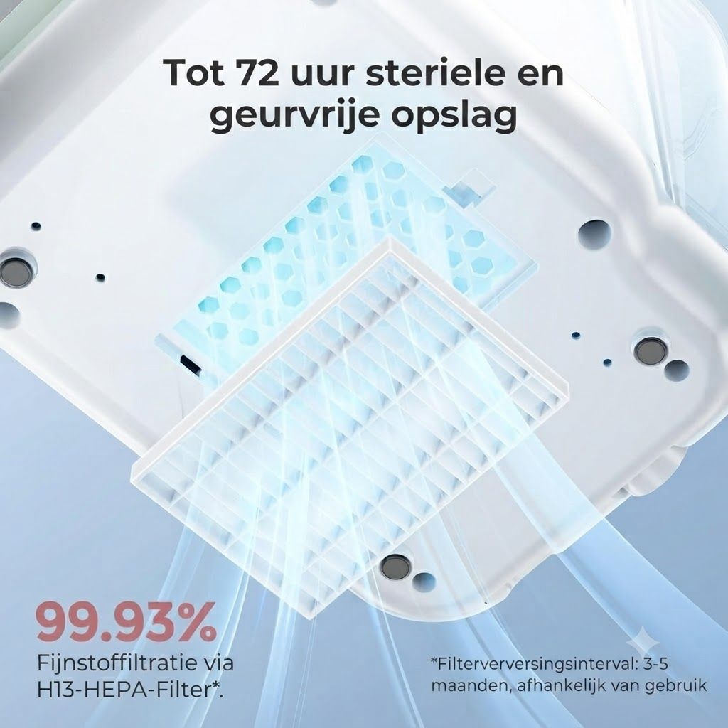 Gedetailleerd zicht op een H13 HEPA-filter met 99,93% fijnstoffiltratie. Toont steriele, geurvrije opslag tot 72 uur.