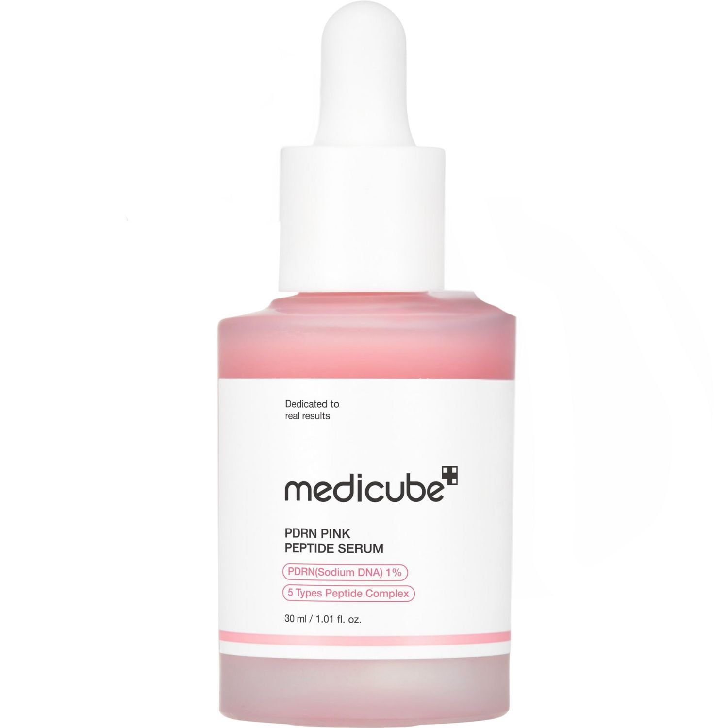 Flacon de sérum rose avec bouchon blanc. Inscription : Medicube PDRN Pink Peptide Serum, 30 ml.