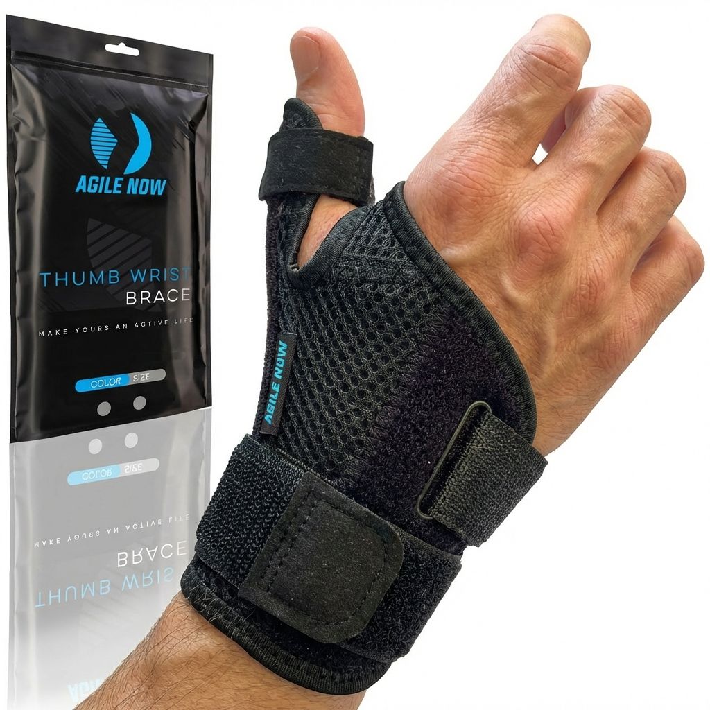 Attelle de pouce noire avec emballage. Inscription : AGILE NOW THUMB WRIST BRACE.