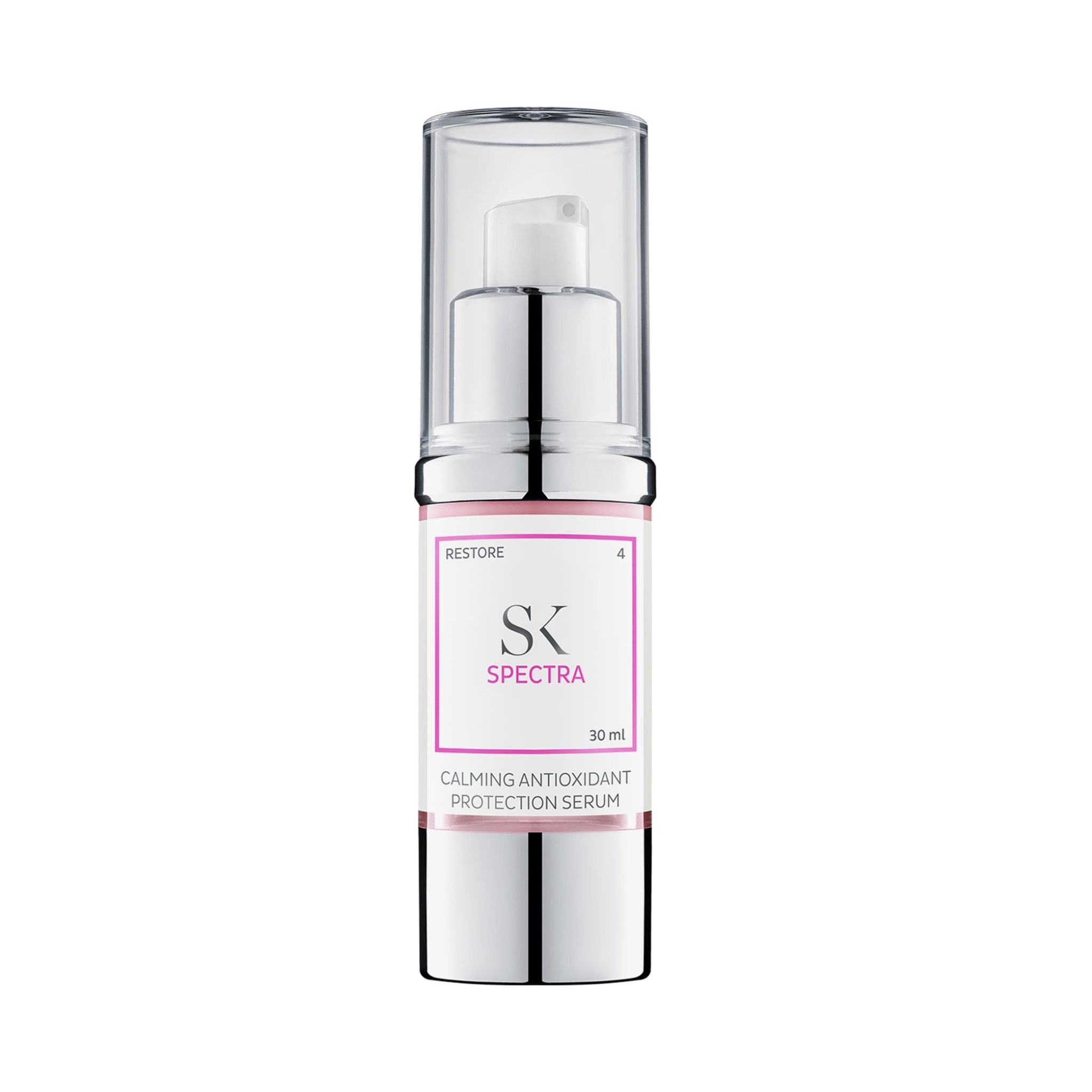 Serumfles met spraykop. Opschrift: SK Spectra, 30 ml. Roze en zilveren verpakking.