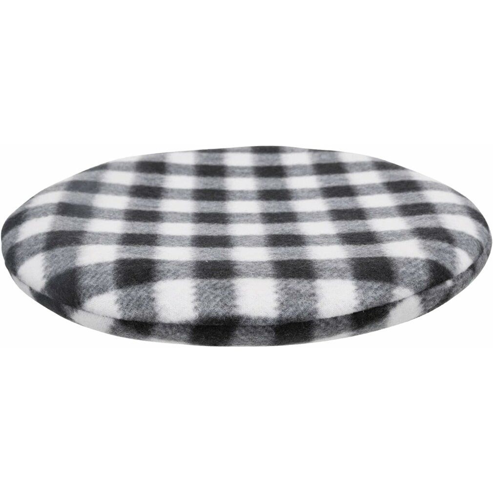Plaquette chauffante pour micro-ondes ronde, motif à carreaux noir et blanc.