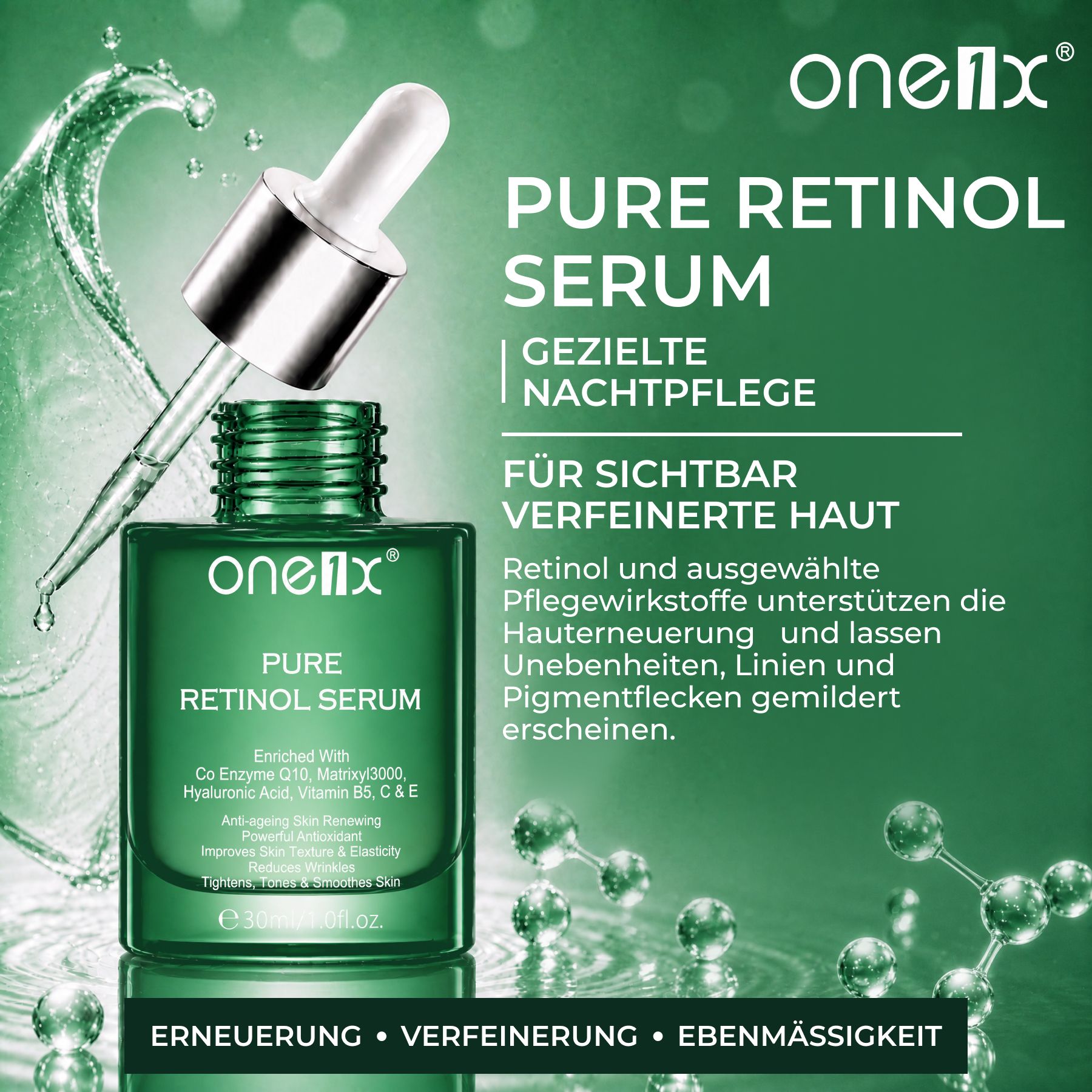 Groene glazen fles met druppelaar, gevuld met 'one.nx PURE RETINOL SERUM'.
