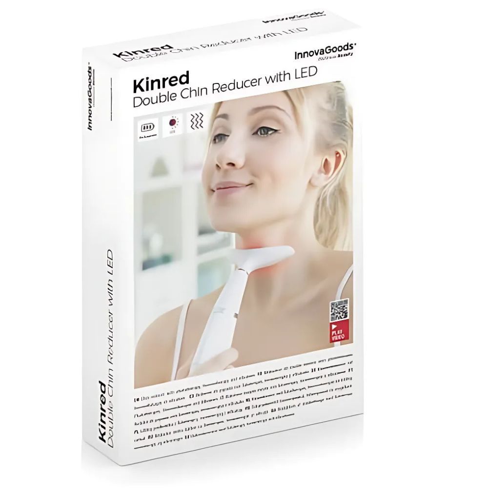 Emballage du produit avec image. Inscription : Kinred Double Chin Reducer with LED. Femme tenant l'appareil au cou.