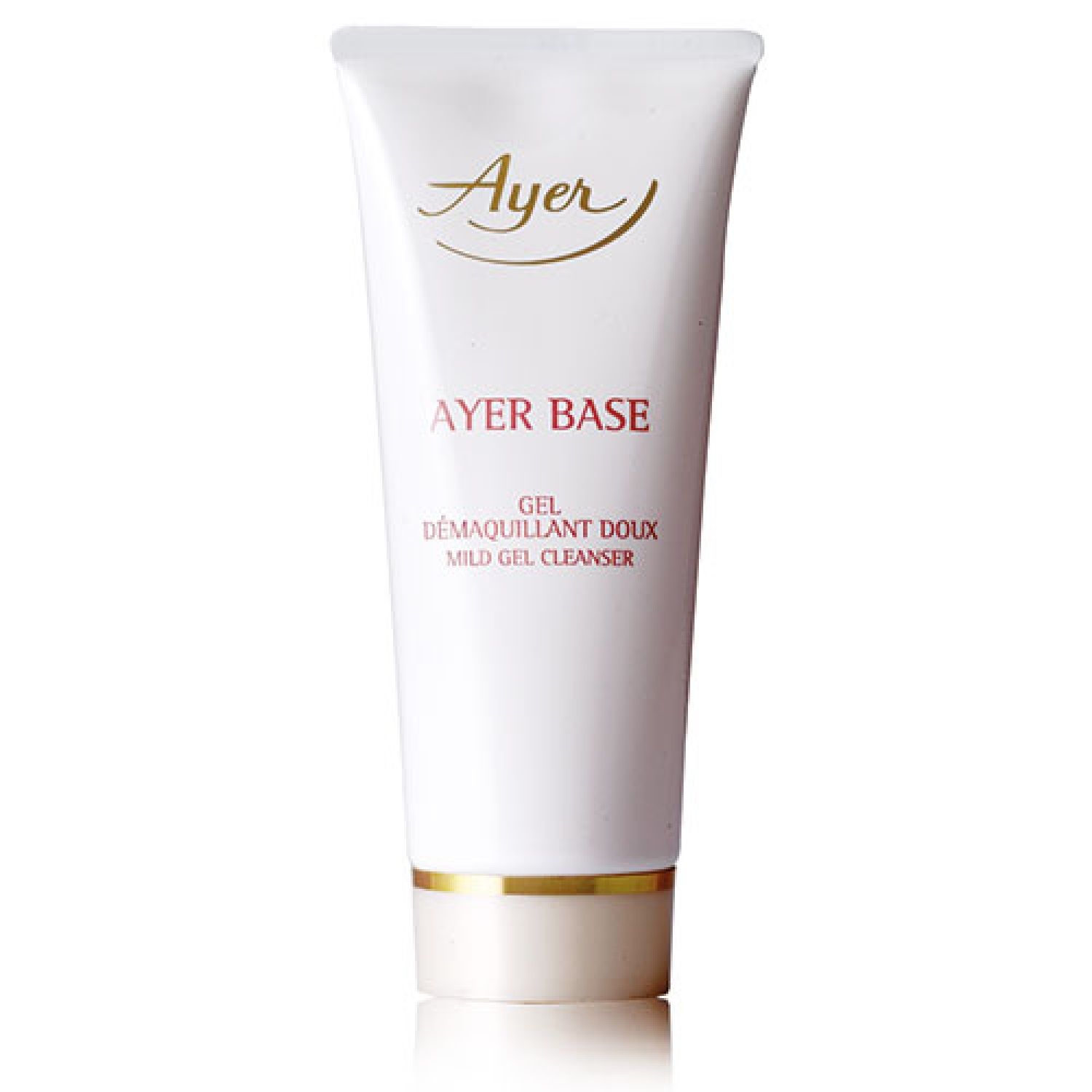 Witte tube met gouden accenten. Opschrift: Ayer, Ayer Base, Gel Demaquillant Doux, Mild Gel Cleanser.