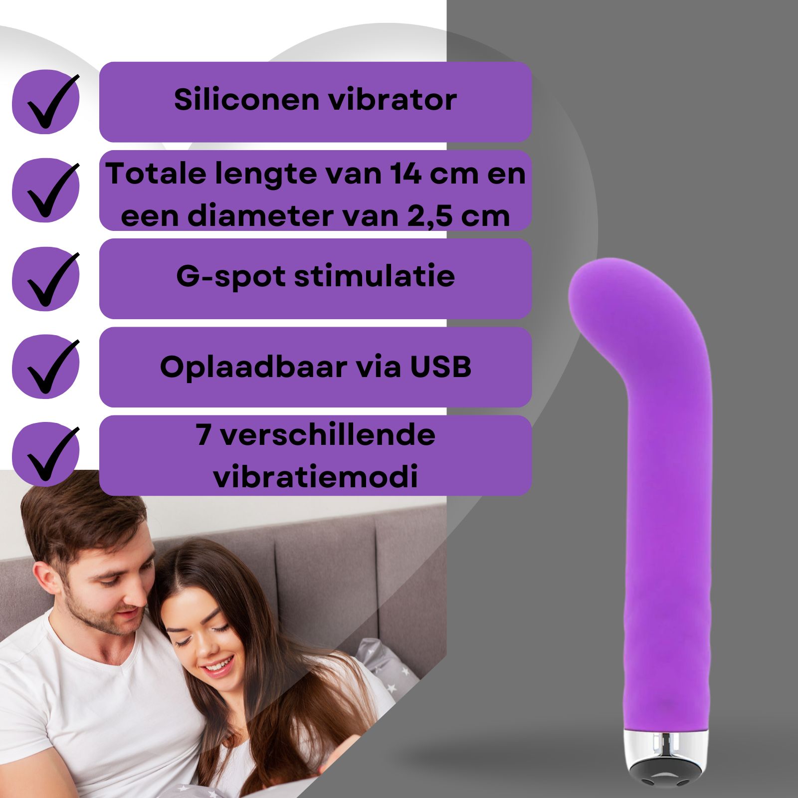 Paarse vibrator. Tekst op paars paneel: siliconen, 14cm, 2,5cm diameter, G-spot, USB, 7 standen.