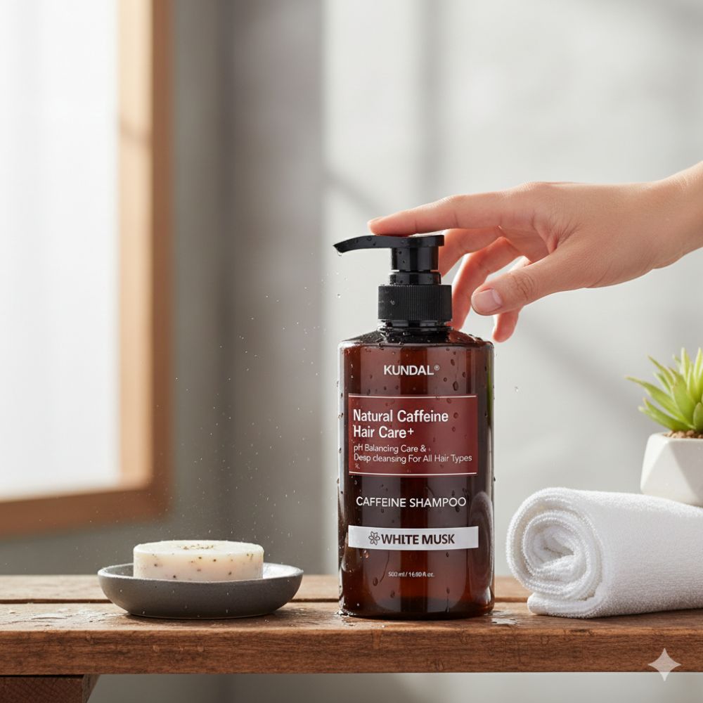 KUNDAL Natural Caffeine Hair Care+ Shampoo (White Musk) in een badkameromgeving met handdoek en zeep.