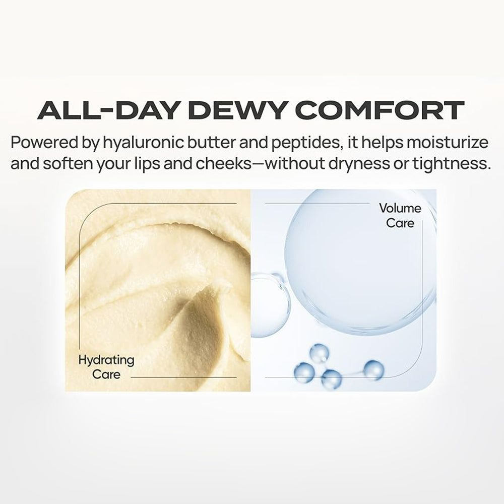 Deux zones de texte. À gauche : texture crémeuse. À droite : boules bleues. Texte : "ALL-DAY DEWY COMFORT".