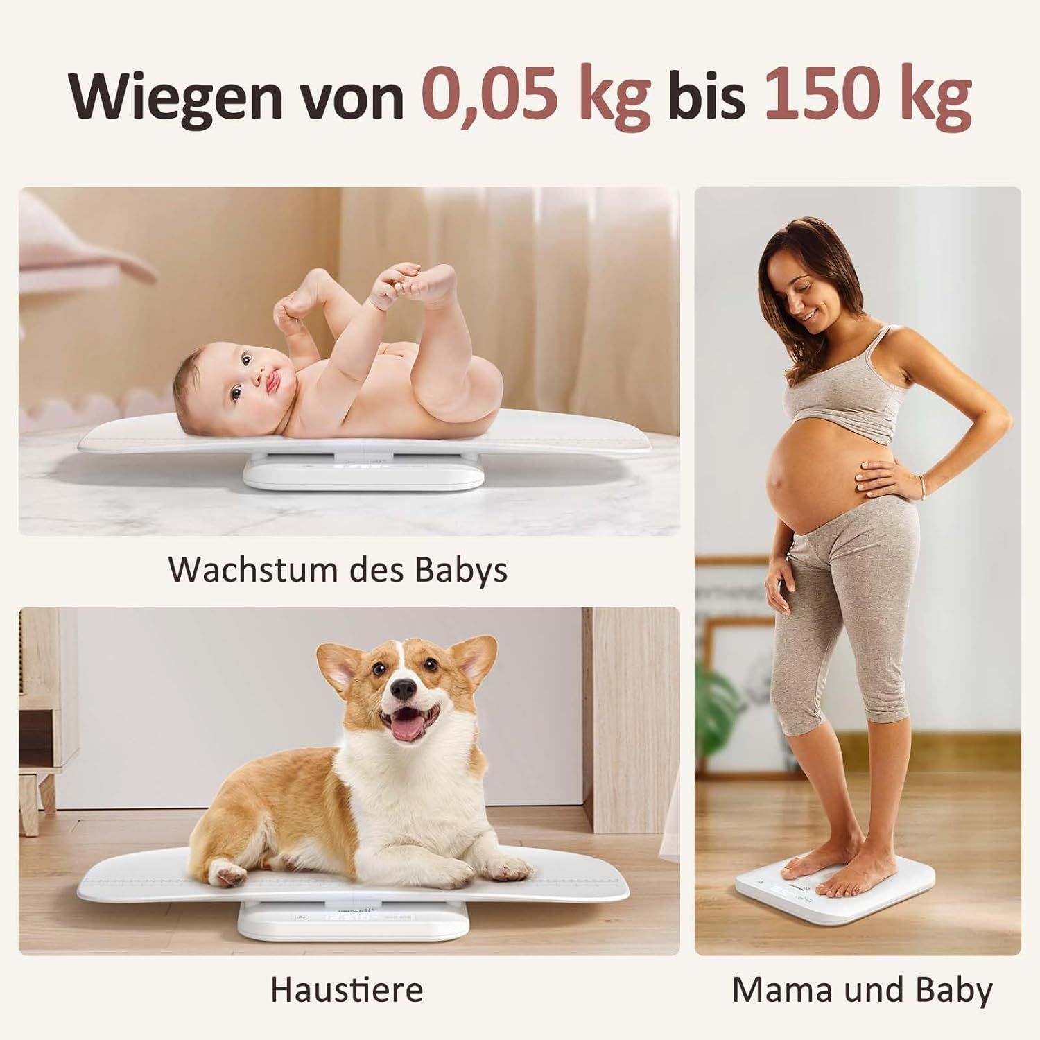 Weegschaal voor baby's, huisdieren en volwassenen. Toont van 0,05 kg tot 150 kg.