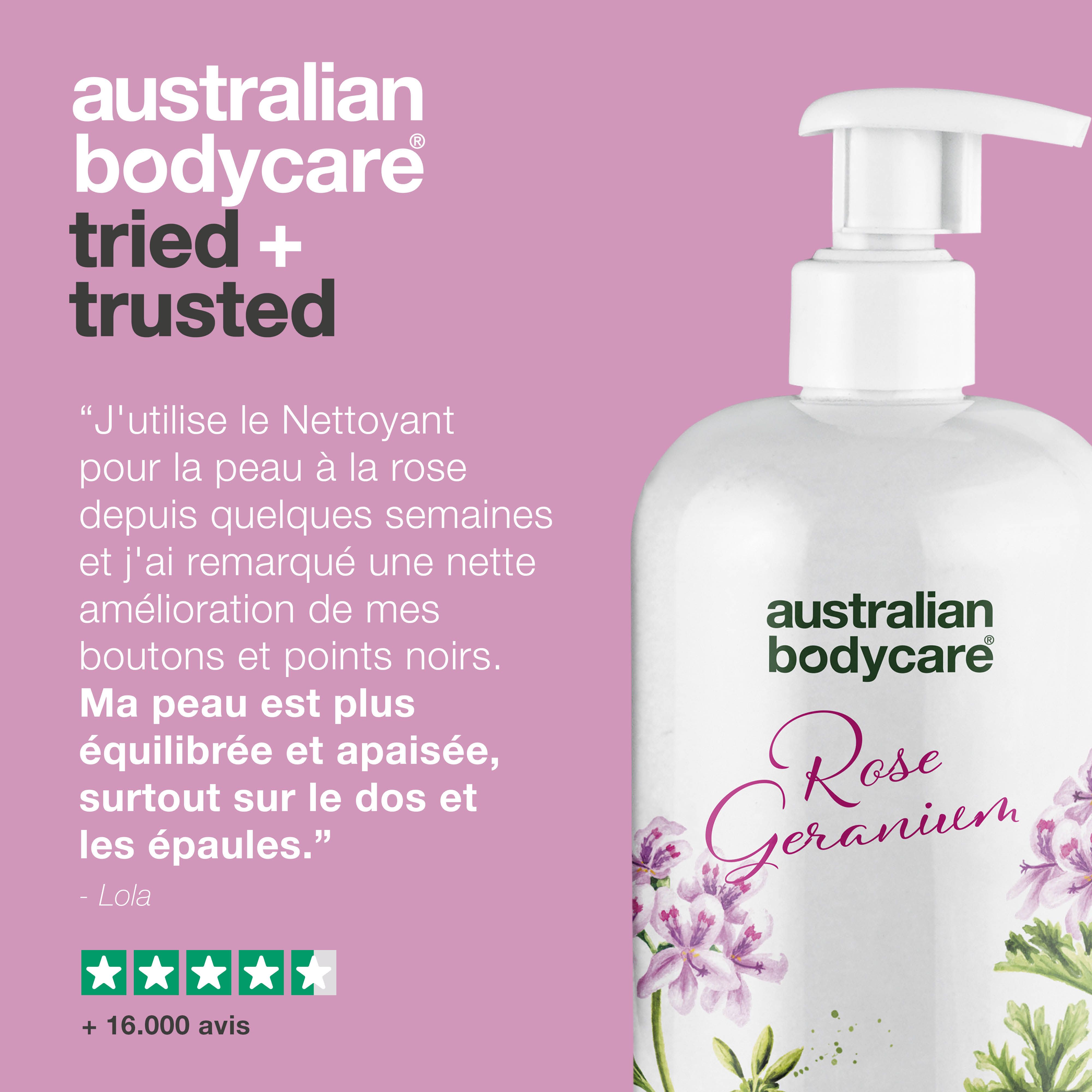 Flacon de produit avec pompe. Inscription : Rose Geranium, Tea Tree Oil Skin Wash. Texte : Testé et approuvé.