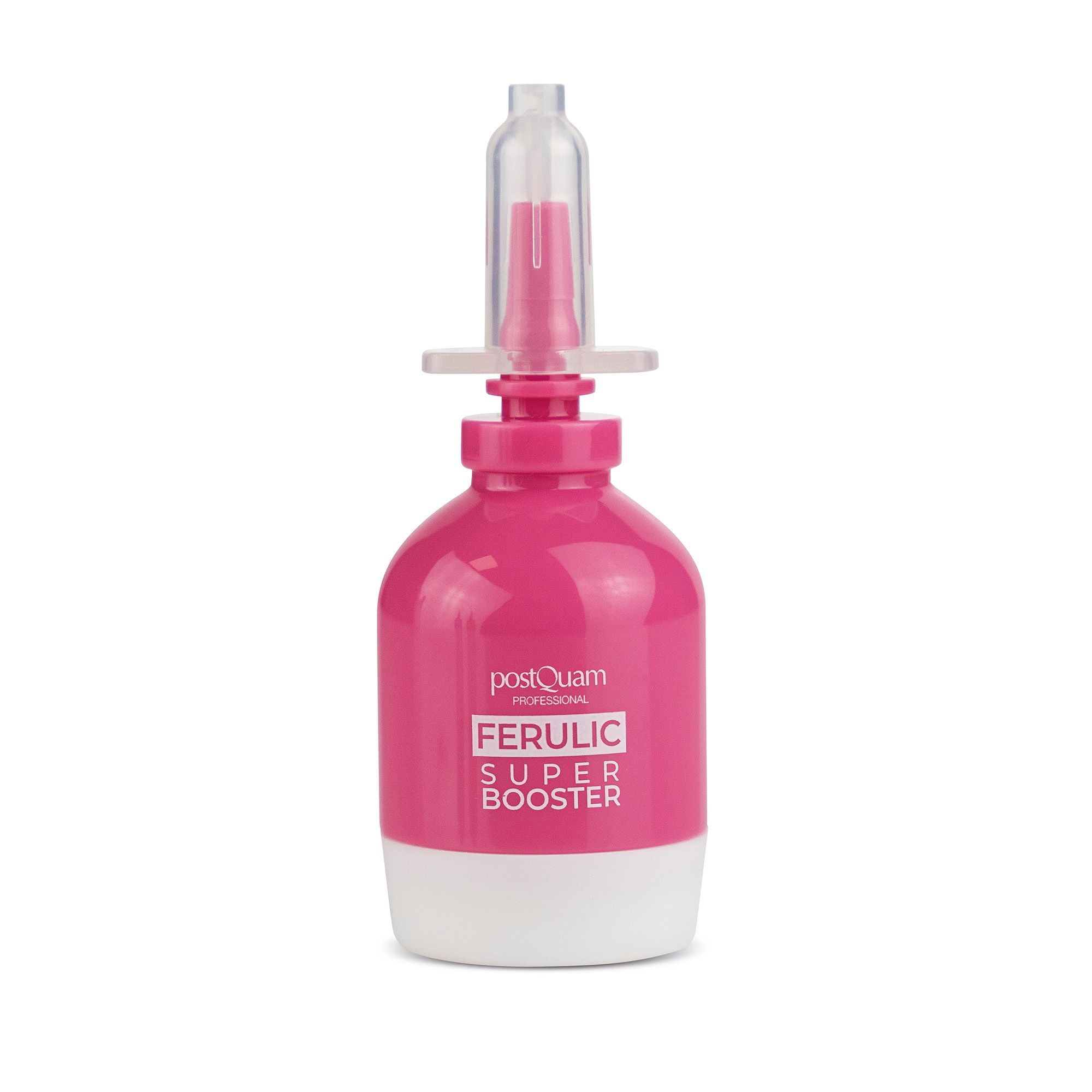 Flacon rose et blanc avec applicateur transparent. Texte: FERULIC SUPER BOOSTER.