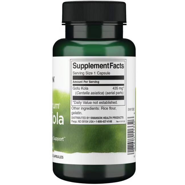 Achterkant van groene fles. Opschrift: Supplement Facts, Gotu Kola, 435 mg, ingrediënten, 1-800-437-4148.