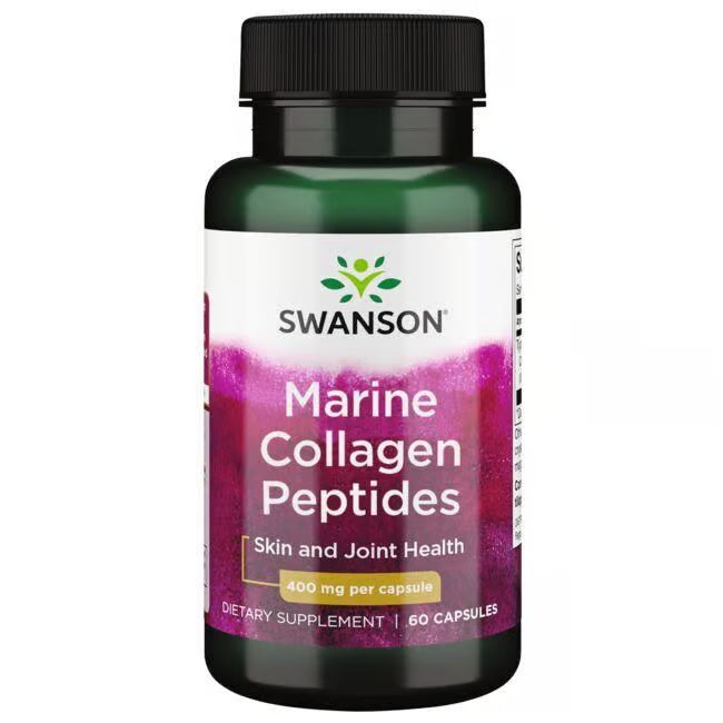 Flacon vert, bouchon noir. Inscription: SWANSON Marine Collagen Peptides, 400 mg par capsule, 60 capsules.