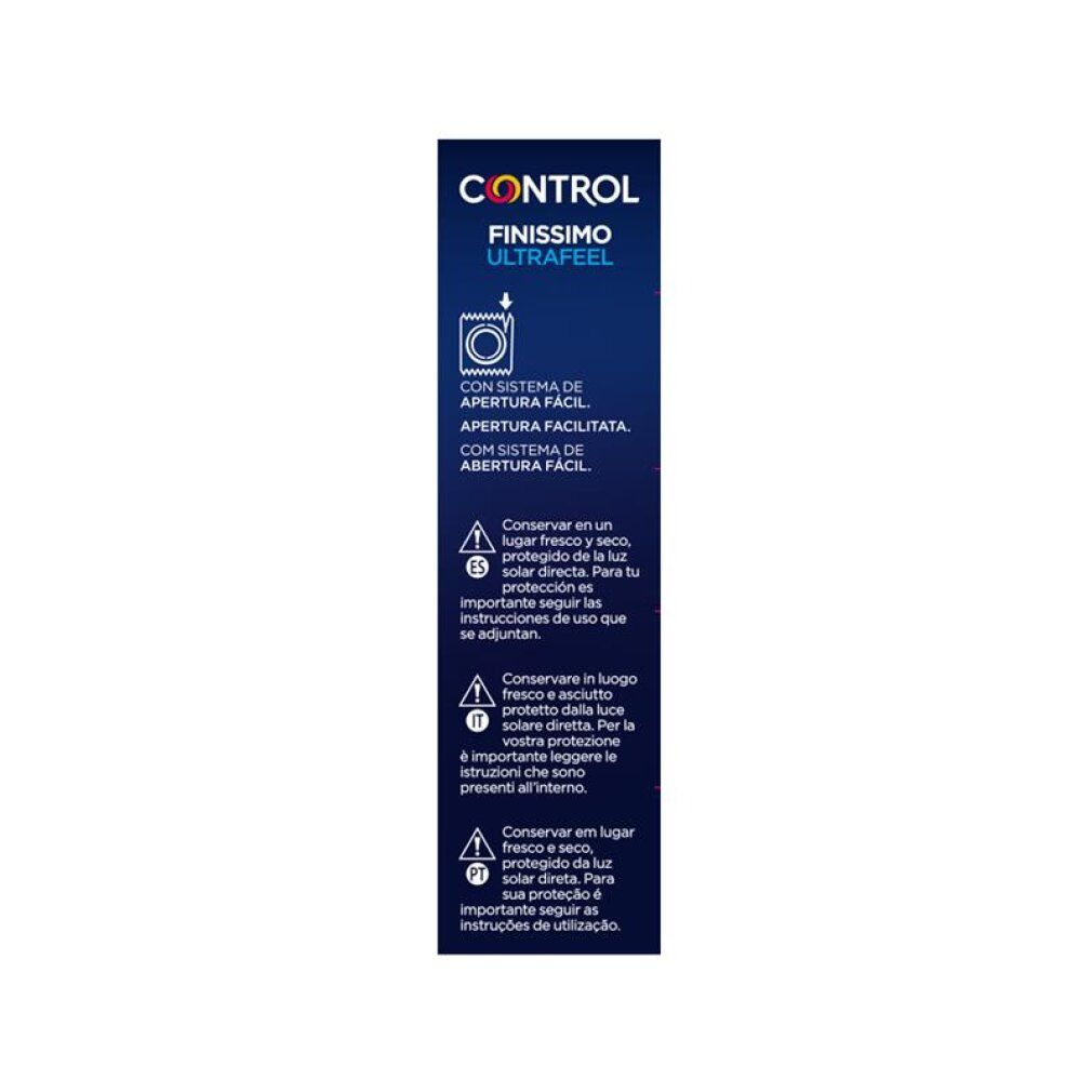 Côté de la boîte de préservatifs Control Finissimo Ultra Feel. Indique instructions d'utilisation et stockage.