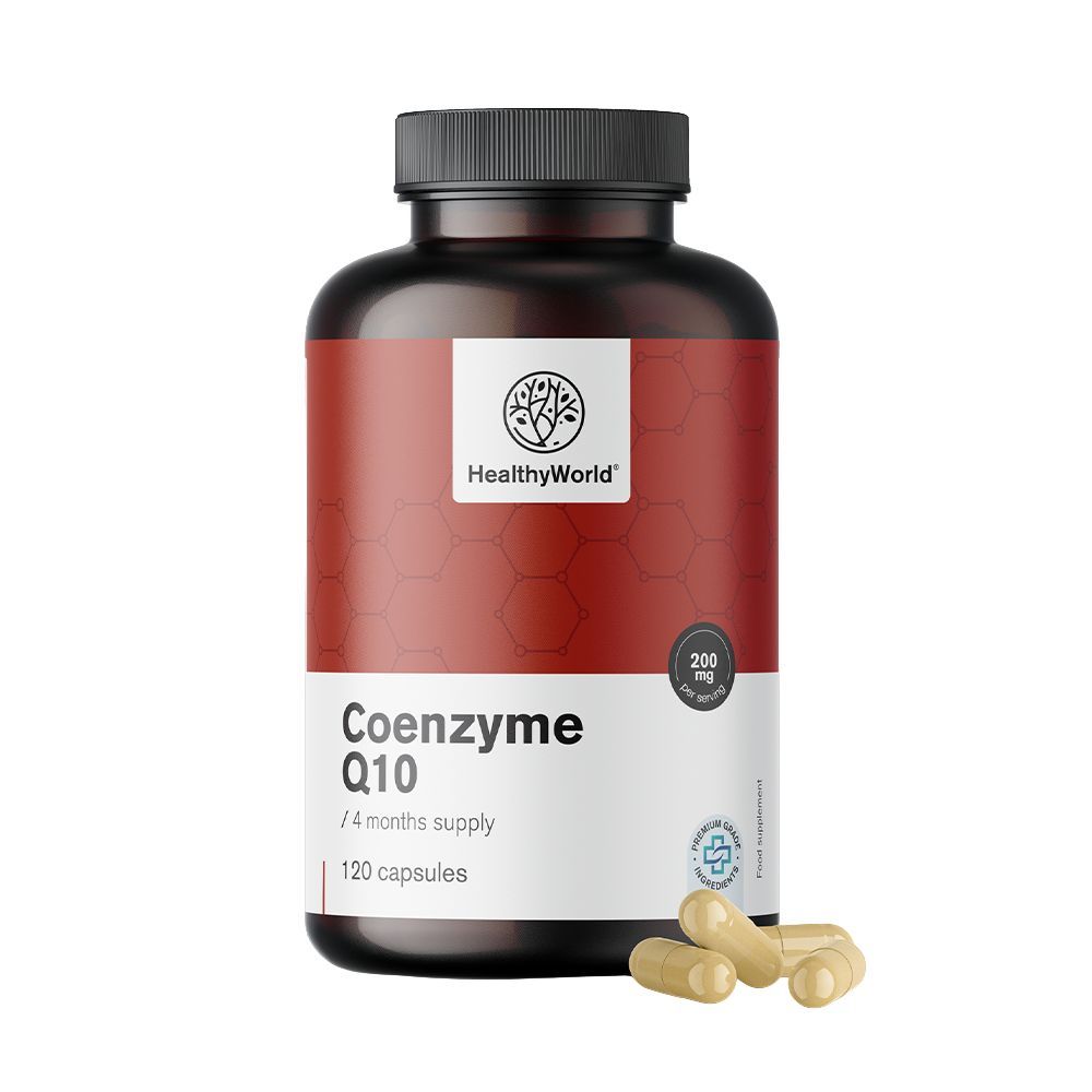 Bruine fles met capsules. Opschrift: HealthyWorld, Co-enzym Q10, 120 capsules. Zegel. 200 mg.