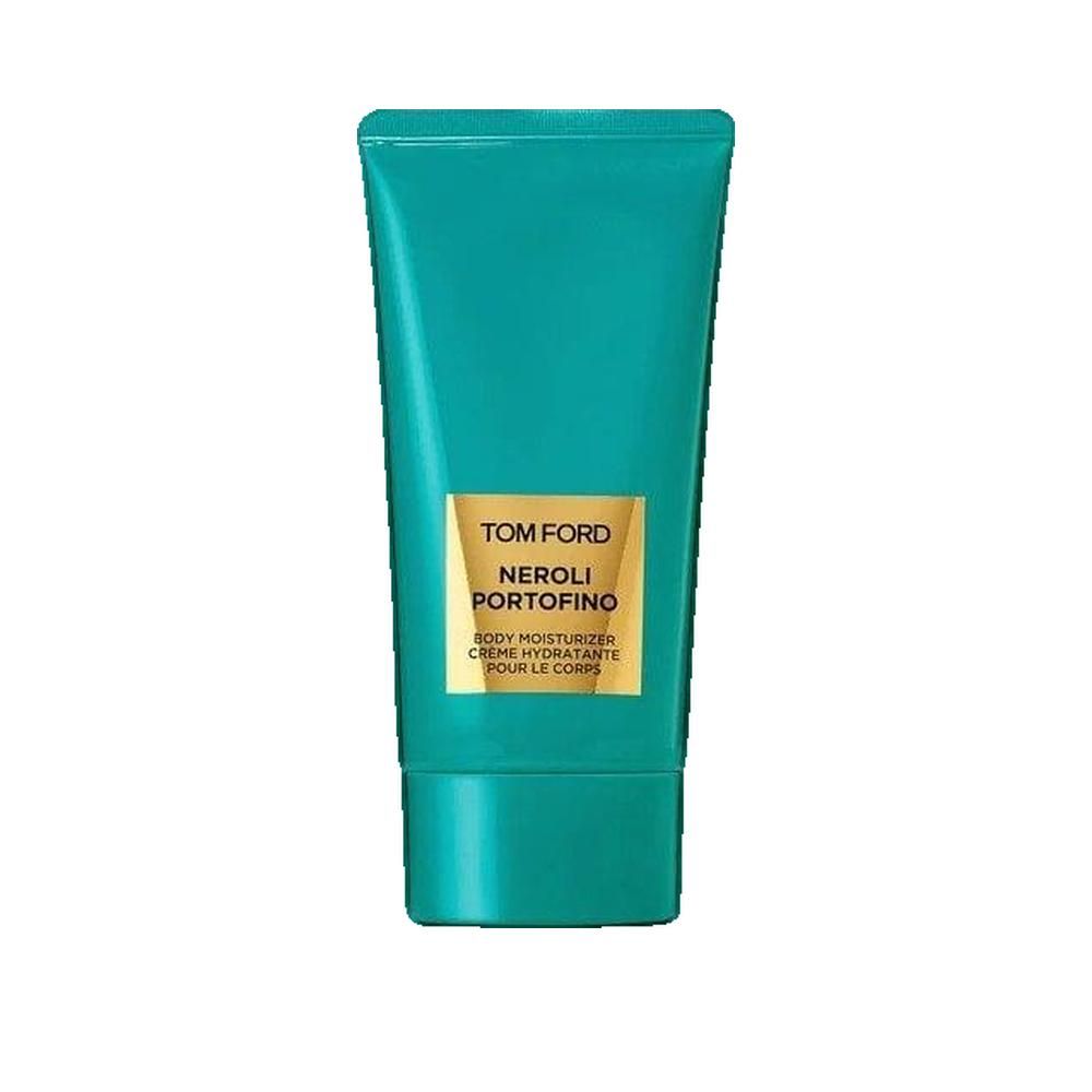 Turquoise tube met gouden etiket. Opschrift: Tom Ford Neroli Portofino. Tekst: Body Moisturizer Crème Hydratante pour le corps.