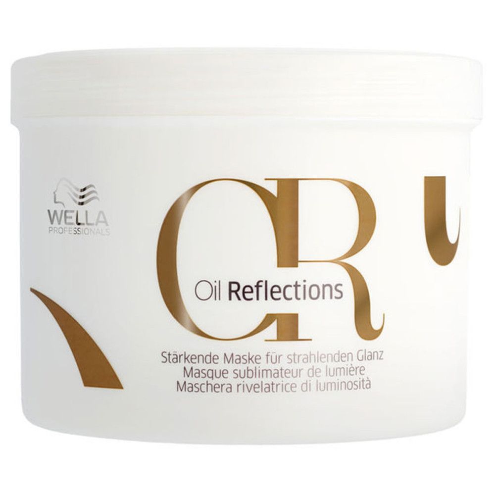 Pot blanc avec inscription dorée "Oil Reflections". Texte multilingue en dessous. Marque : Wella.