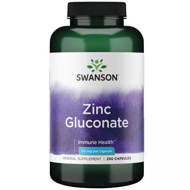 Groene fles met wit etiket. Opschrift: SWANSON, Zinkgluconaat, 50 mg per capsule, 250 capsules.